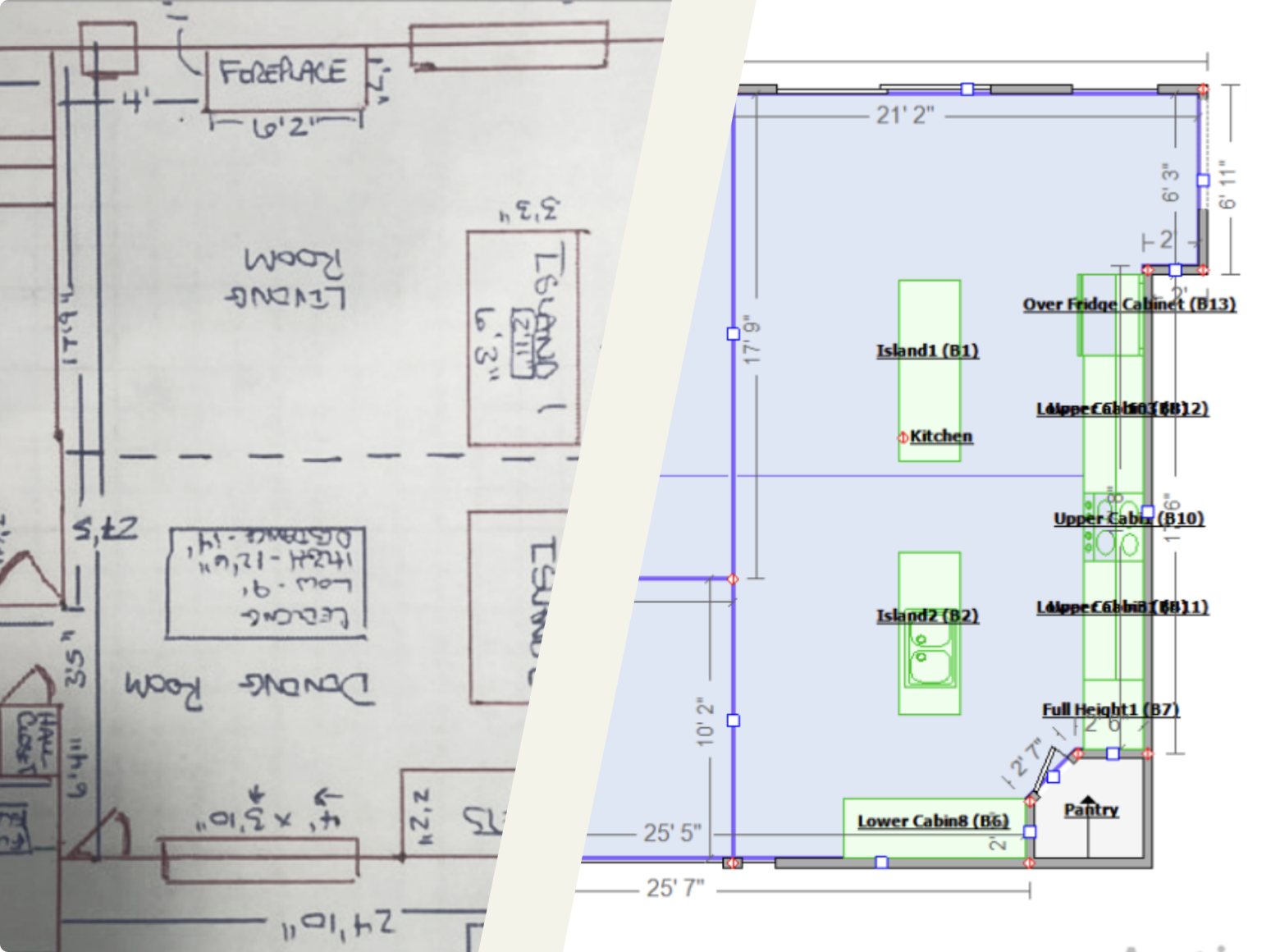 A comparison image where half is a manual sketch of a house and half is a digital sketch of the same house