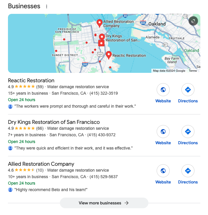 A screenshot of local pack results on Google in San Francisco when searching for restoration companies