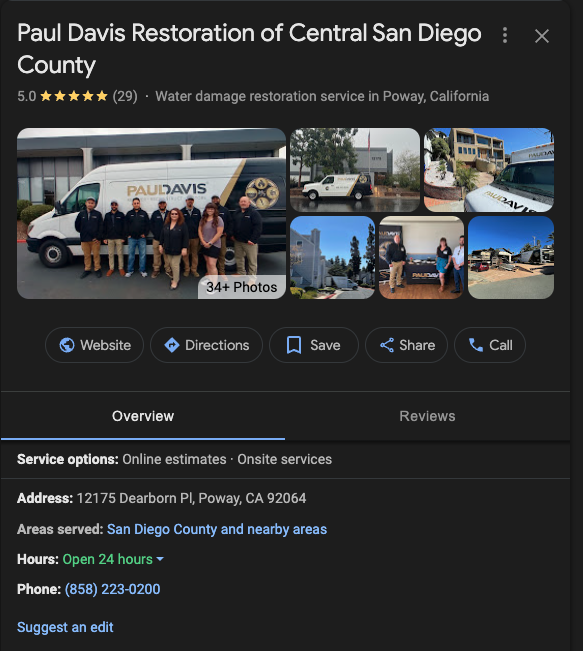 A screenshot of Paul Davis Restoration's Google Business Profile for central San Diego