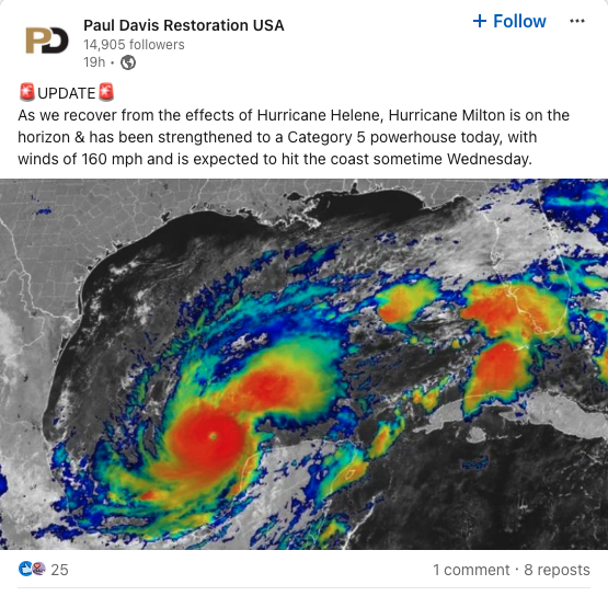 A screenshot of a LinkedIn post from Paul Davis Restoration alerting followers of Hurricane Milton