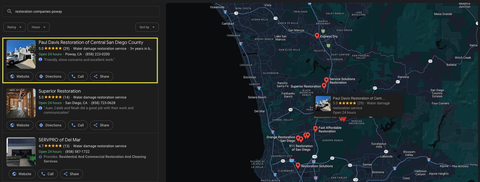 A screenshot of the search result for restoration companies poway with Paul Davis Restoration on top