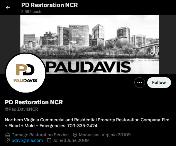 A screenshot of the Paul Davis Restoration X profile