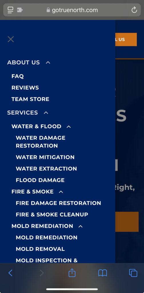 A screenshot of the navigation menu on True North's mobile website