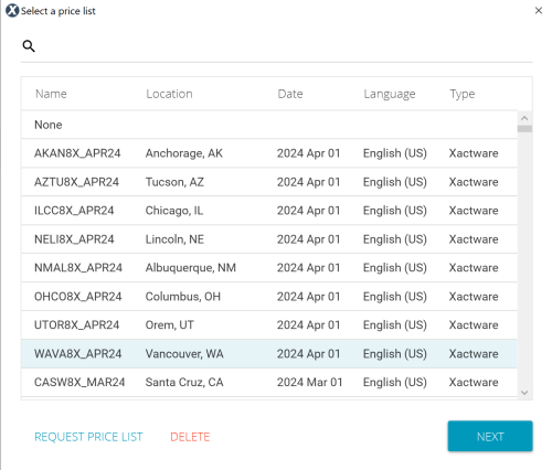 Select a price list in Xactimate online including a list of price lists 