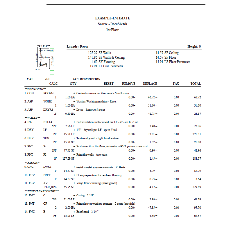 A screenshot of an example Xactimate estimate from DocuSketch