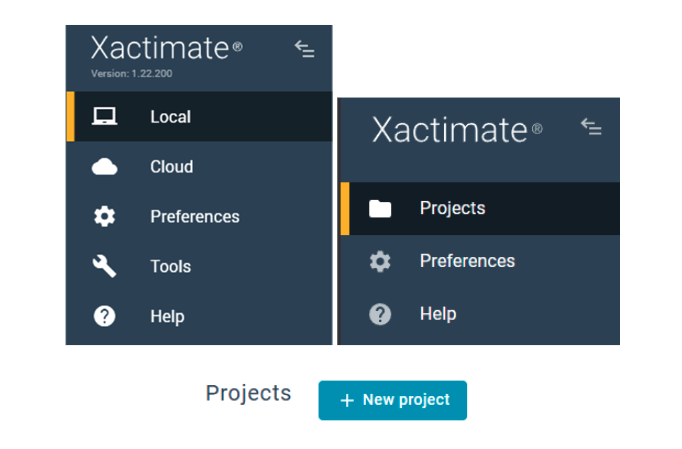 Screenshots of the Xactimate sidebar, featuring Local, Projects, and the create a new project button